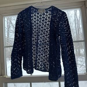 Navy Crochet Open-Front Cardigan